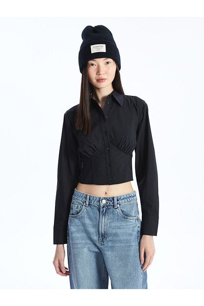 LC Waikiki Poplin Fabric - Plain Long Sleeve Crop Women's Shirt