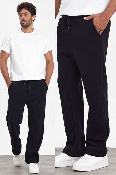 MADZEYMODA Ανδρικά μαύρα αθλητικά παντελόνια New Season - Φαρδιά φαρδιά εφαρμογή, 3 κλωστές Raster Mz73037