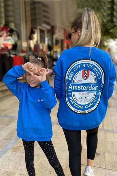 MYZİ STORE Mother Daughter Blue Combination Amsterdam Printed Sweat 100% Cotton - One Piece Top