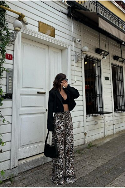 LB Laluna Butik Leopard Patterned SatinPalazzoTrousers - Elastic Waist