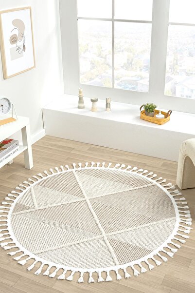 Eliz Home Bej Krem Dokuma Yuvarlak Halı Yolluk Antre Oturma Odası Salon Mutfa...