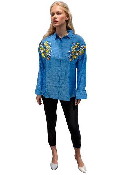 Cassime Cămașă supradimensionată din in cu imprimeu floral albastru - cu mărgele și broderie, cu nasturi