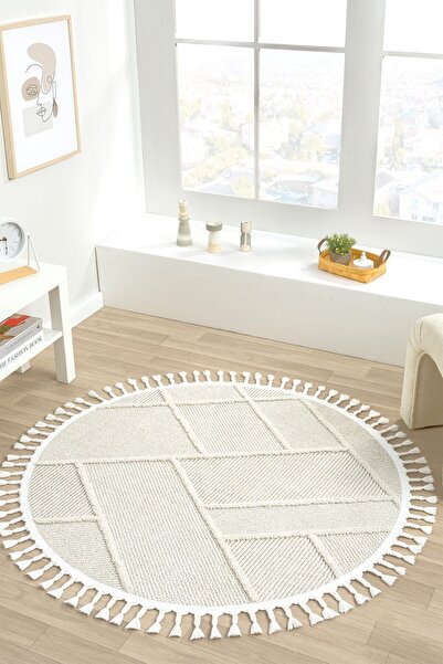 Eliz Home Yıkanabilir Saçaklı Yuvarlak Dokuma Halı Yolluk Antre Oturma Odası ...