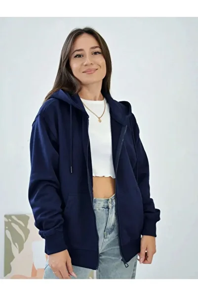SELENA BUTİK Unisex Hooded Zippered Navy Blue Cardigan