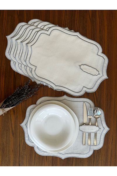 NURHAN HOME COLLECTION 6 Τεμάχια Διπλής Σειράς Ασημένιο Κεντημένο Αμερικάνικο Πιάτο Σερβιρίσματος με Κουτάλι