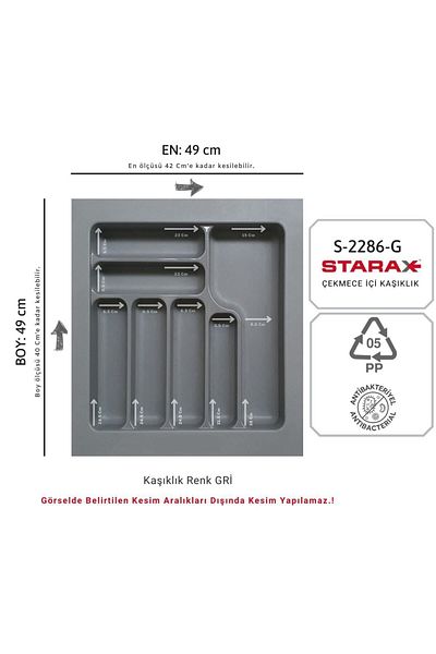 STARAX S-2286-g حامل ملعقة بلاستيك رمادي - درج، العرض: 49-42، العمق: 49-40 سم، 7 عيون قابلة للقطع