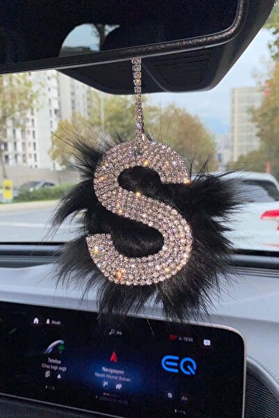 Arabasına Aşıklar Kulubü Taşlı Dikiz Ayna Kolye Aksesuarı Siyah Tüylü S Harfli