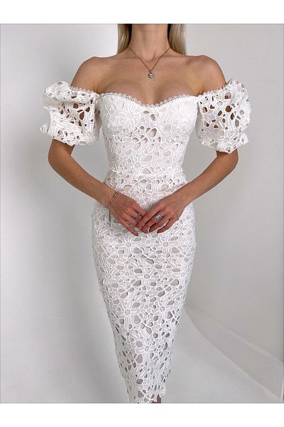 NARKO Laurest White Lace Guipure Embroidered Balloon Sleeve Midi Length Lined Special Design Fustan Dress