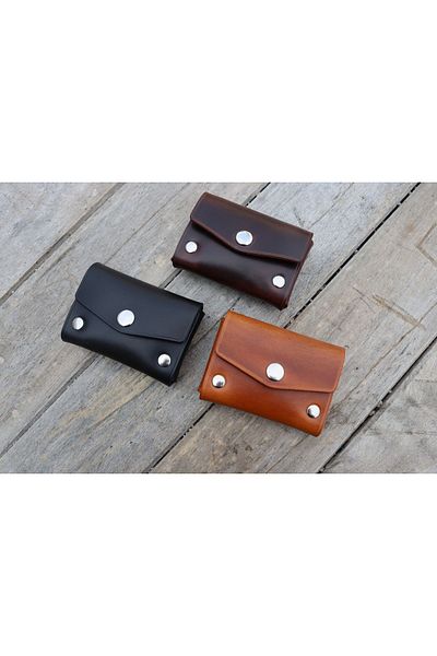 Derici Amca Genuine Italian Calf Leather, Handmade, Minimal Silver Snap Fastener Small Wallet Card Holder Camel