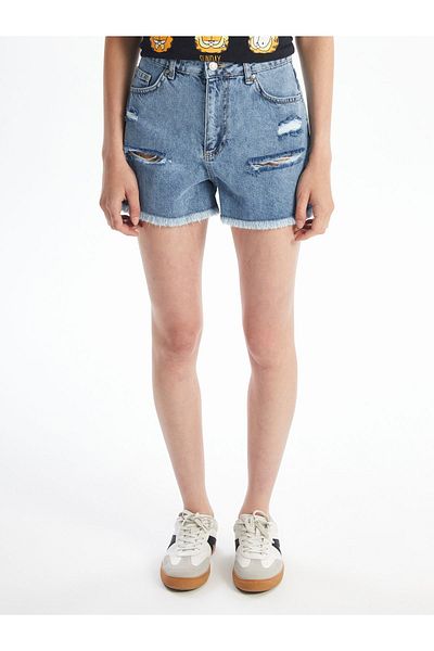 LC Waikiki Pantaloni scurți de jeans pentru femei, cu talie înaltă, cu detaliu rupt