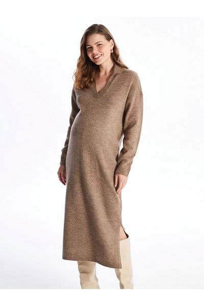 LC Waikiki Umstands-Strickkleid – Polokragen, einfarbig, lange Ärmel