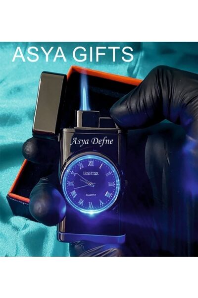 ASYA GIFTS Kişiye Özel Isim Baskılı Çakmak Saatli Işıklı Kutulu Turbo Jet Çakmak ( Rüzgarda Sönmez )