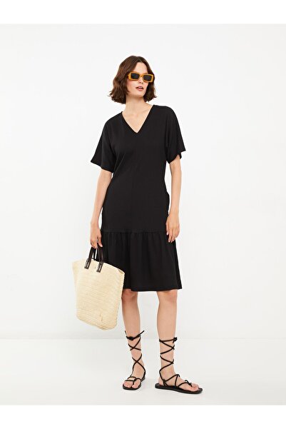 LC Waikiki Women's Dress - V-neck, Solid, Short Sleeve