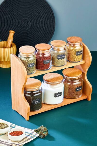 porselen Gönül Collection - Baharat Takımı Cam 7 Li Ahşap Standlı