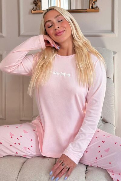 Pijamaevi Açık Pembe Loved Desenli Termal Kadın Pijama Takımı