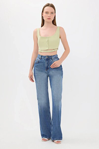 Hiccup Belt Detailed Buttoned Square Neck Top