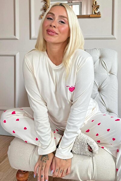 Pijamaevi Thermal Patterned White Love Women's Pajama Set