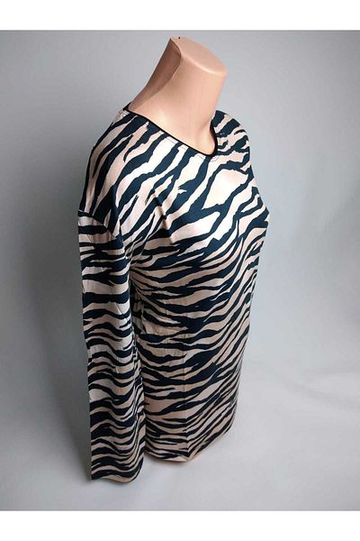 YAŞAR TRİKO Mink Zebra Pattern - V-Neck Long Sleeve Viscose Women's T-Shirt Blouse with Slits