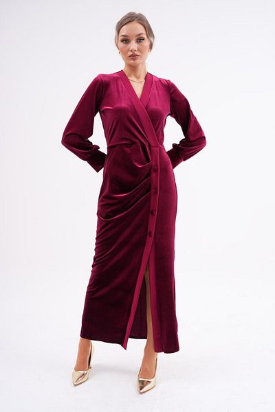 AYASOFYA OTANTIK Burgundy Velvet Dress - Button Detailed