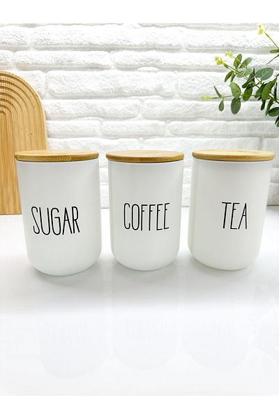 Home White Bamboo Jar Set of 3 - Vacuum Lid, 1000 ML (TEA-COFFEE-SUGAR)