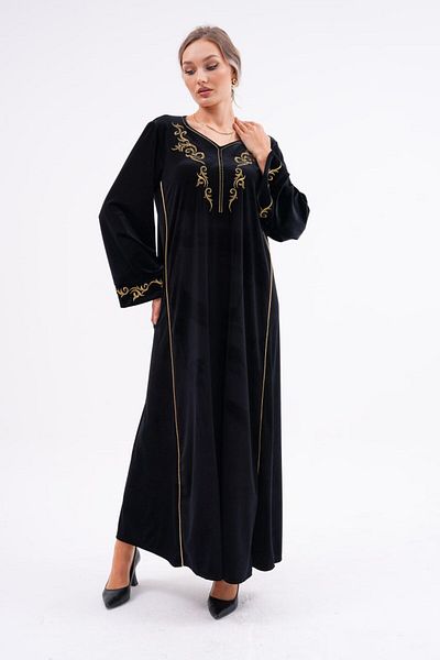 AYASOFYA OTANTIK Catifea brodata neagra - Rochie lunga de dama cu detaliu din folie autentica