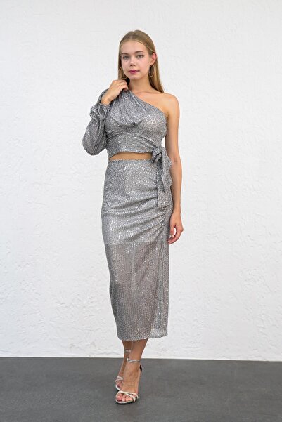 MONAMORE One-Shoulder Sequin Blouse and Slit Skirt Set
