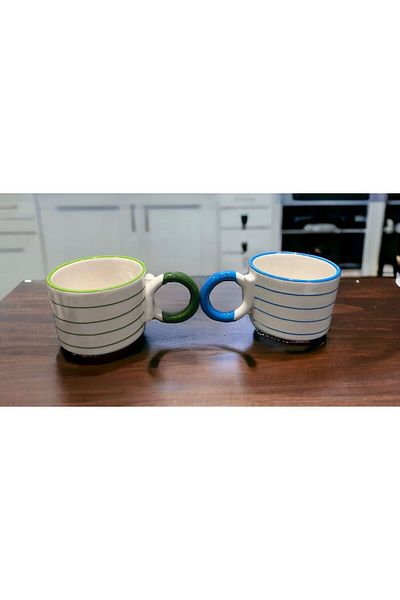 İZart 2 Pieces Knot Handle Green - Blue Striped Handmade Ceramic Mug