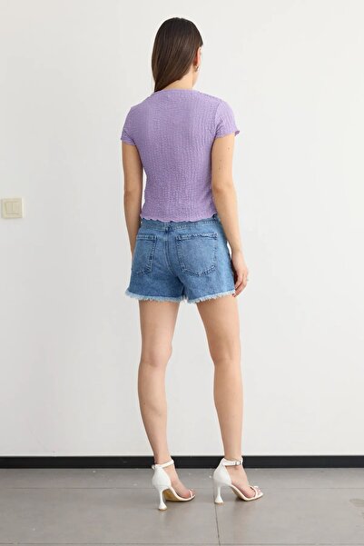 Hiccup Dokuma Bisiklet Yaka Kısa Kollu Crop Top