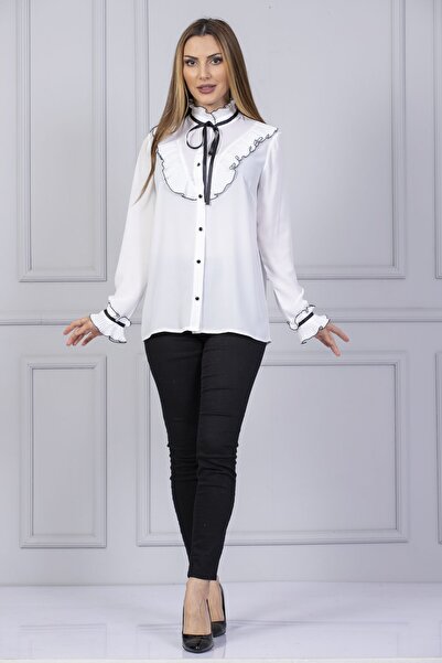 Loom Boutique Büyük Beden Beyaz Fırfır Detaylı Bağcıklı Gömlek