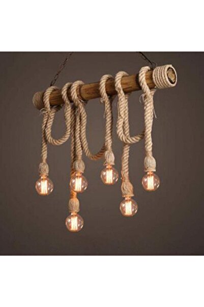 AhşapSepeti Bambu Avize 6 Lı Rustik Halat Sarkıt Avize Ahşap Avize Kütük Avize