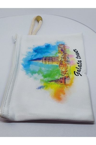 GALATA GIFT Θήκη για στυλό Galata Tower Illustrated, υφασμάτινη τσάντα με φερμουάρ με χάντρες