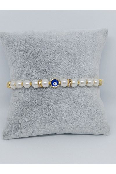 GALATA GIFT Pearl Bracelet with Evil Eye Beads, Women's Bracelet with Clip