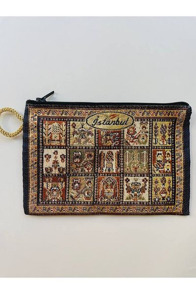 GALATA GIFT Traditional Patterned, Istanbul Symbol, Gold Gilding, Handle, Zippered Women's Wallet, 15x10 Cm