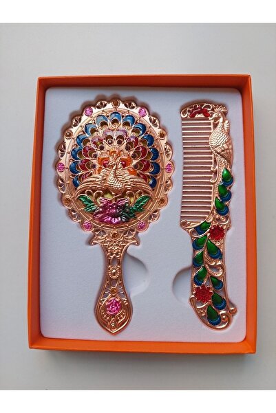 GALATA GIFT Ayna Tarak Seti, Tavuskuşu, Metal, 15x12