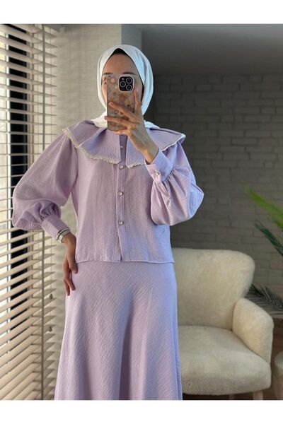 HİJABAYA Pure Linen Skirt and Lace Lettuce Collar Suit Set
