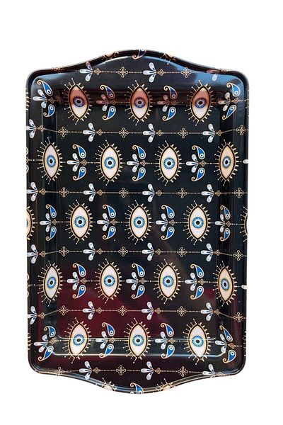 GALATA GIFT Metal Tray, Presentation Self-Service Tray, 25x16 Black Tray with Evil Eye Beads