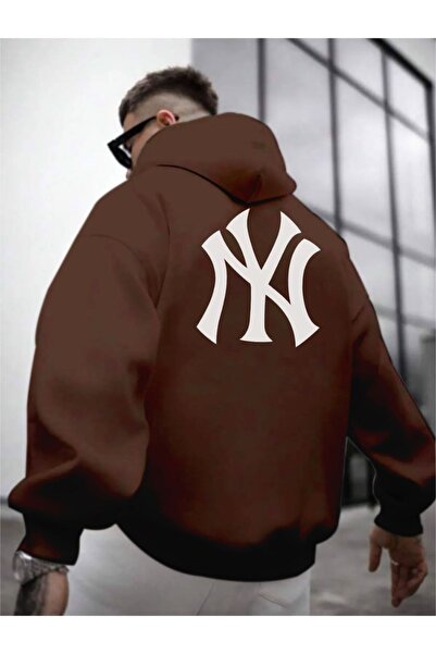 Altamira Men's Brown Front Back NY Printed Hooded Sweatshirt