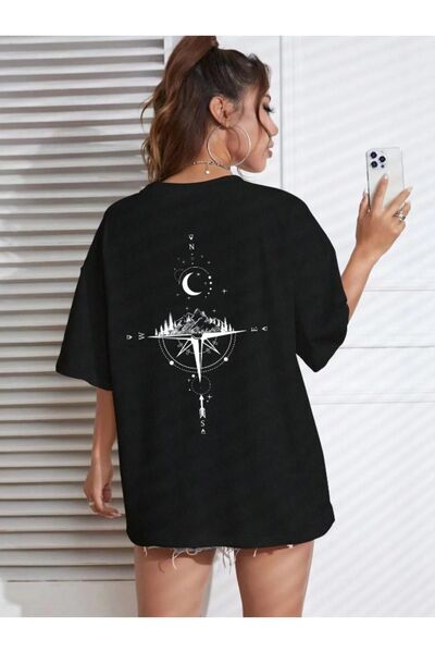 Altamira Tricou oversize cu imprimeu pe spate busolă negru pentru femei