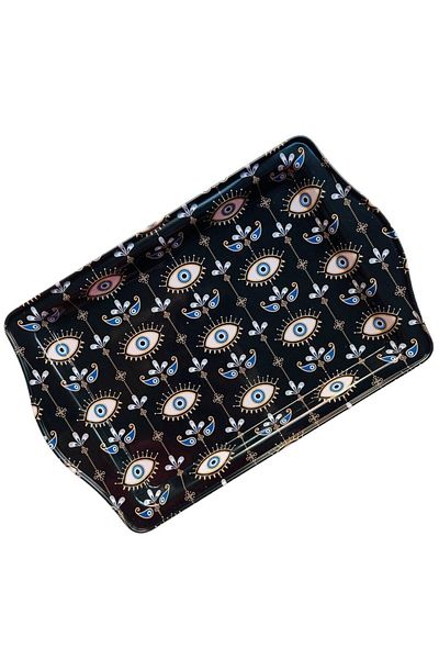 GALATA GIFT Metal Tray, Presentation Self-Service Tray, 25x16 Black Tray with Evil Eye Beads