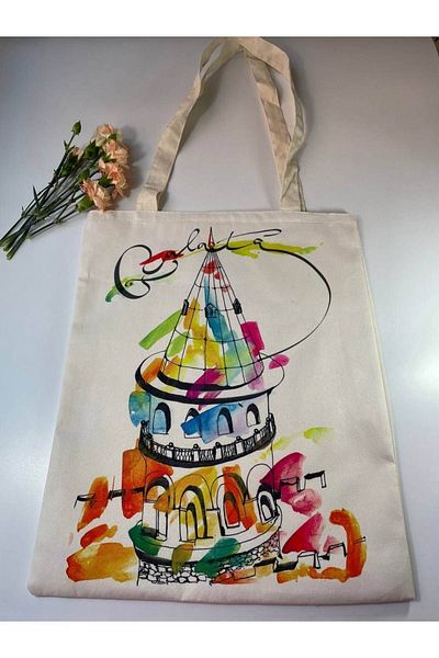 GALATA GIFT Πύργος Γαλατά, Πολύχρωμο Σχέδιο, Ροζ, Πράσινο, Πορτοκαλί, Καμβάς τσάντα