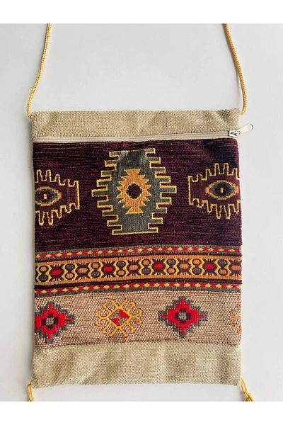 GALATA GIFT Чанта за през рамо с шарка на килим, с пискюли, с цип, 25x20