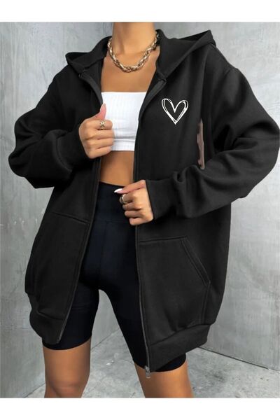 Altamira Unisex Black Heart Printed Thin Seasonal Hooded Oversize Cardigan