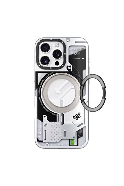 Youngkit iPhone 16 Pro Uyumlu Kılıf Magsafe Şarj Özellikli Youngkit 360° Standlı Starship Serisi Kapak Beyaz