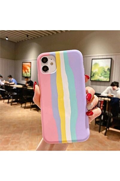USIDE Iphone 11 (6.1) Uyumlu Gökkuşağı Desenli Içi Kadife Lasman Kapak Kılıf