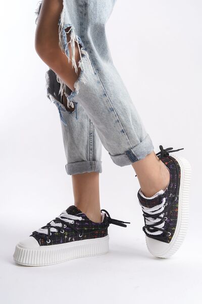 Limeo Black Textile High Sole Ankle Lacing Detailed Soft Sneakers Women's Casual Sports Shoes