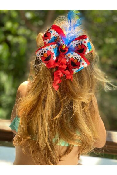 QUEEN AKSESUAR مشبك مدرسي من Trend Moda Sesame Street Red Elmo Feather Bow مع مشبك معدني
