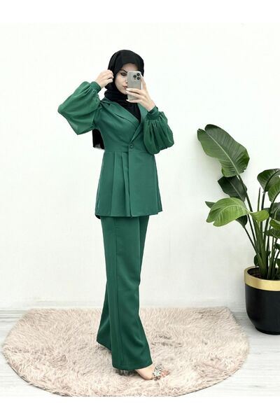 HİJABAYA Single Button and Balloon Arm Side Pleated Double Set