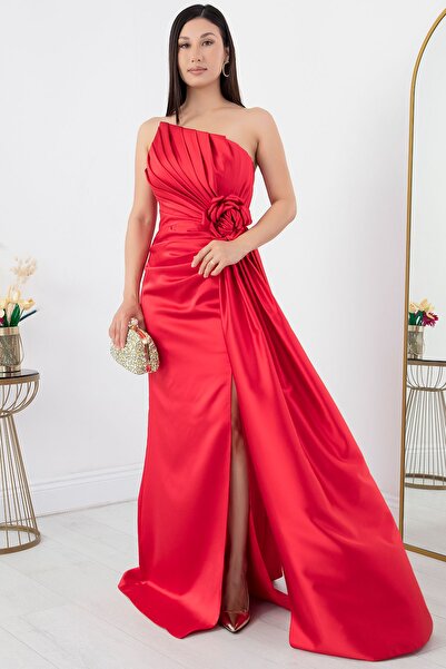 PULLIMM Στράπλες Σατέν Φόρεμα - Λεπτομέρεια τριαντάφυλλου, ECR5334