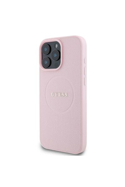 Guess iPhone 16 Pro Max Kılıf Guess  Lisanslı Magsafe Şarj Özellikli Yazı Logolu Grained Pembe