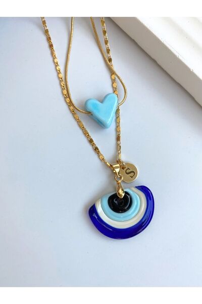 Neta Murano Cam Nazar Ve Mavi Kalp Kolye